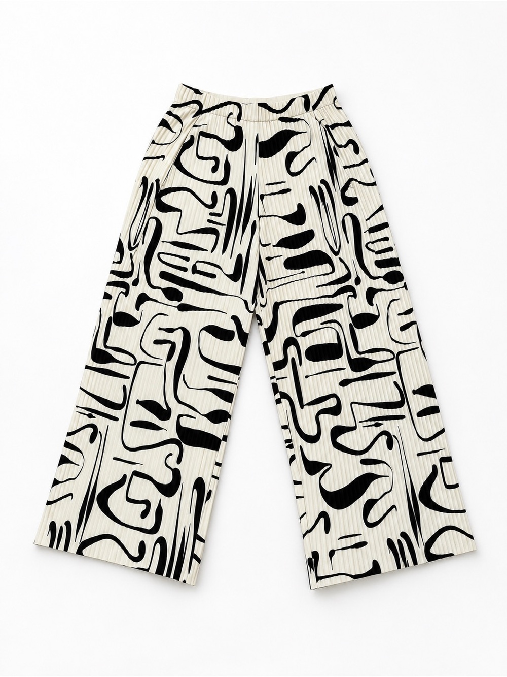 COS Pleated Wide Leg Pants Size S Cream Black Abstract Print Elastic Waist